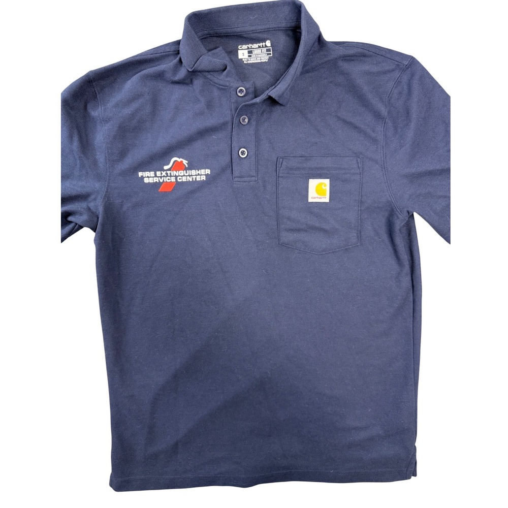 Carhartt Mens Loose Fit Polo Shirt Navy Blue Fire Extinguisher Service‎ Center S